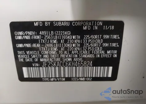 2019 Subaru Forester z USA, uszkodzony, nr VIN JF2SKACC6KH465824